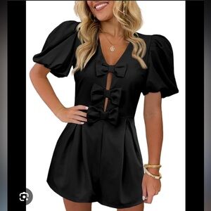 Mod on Trend black puff sleeve 3 bow romper, peek a boo chest, zipper back, S